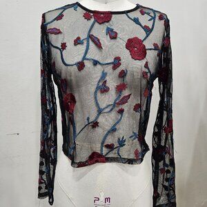 Floral Mesh Long Sleeve Embroidered Top